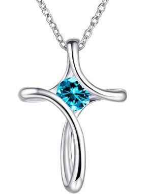 Women's Blue Diamond Sideways Sterling Silver Birthstone Cross Necklace Chain